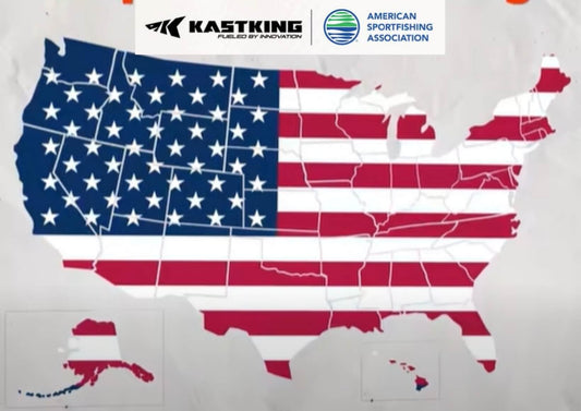 Red, white, and blue American Patriot fishing combo displayed to celebrate America 250 anniversary.