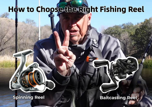 beginner choosing between spinning and baitcasting reels in tackle shop for bass fishing gear selection