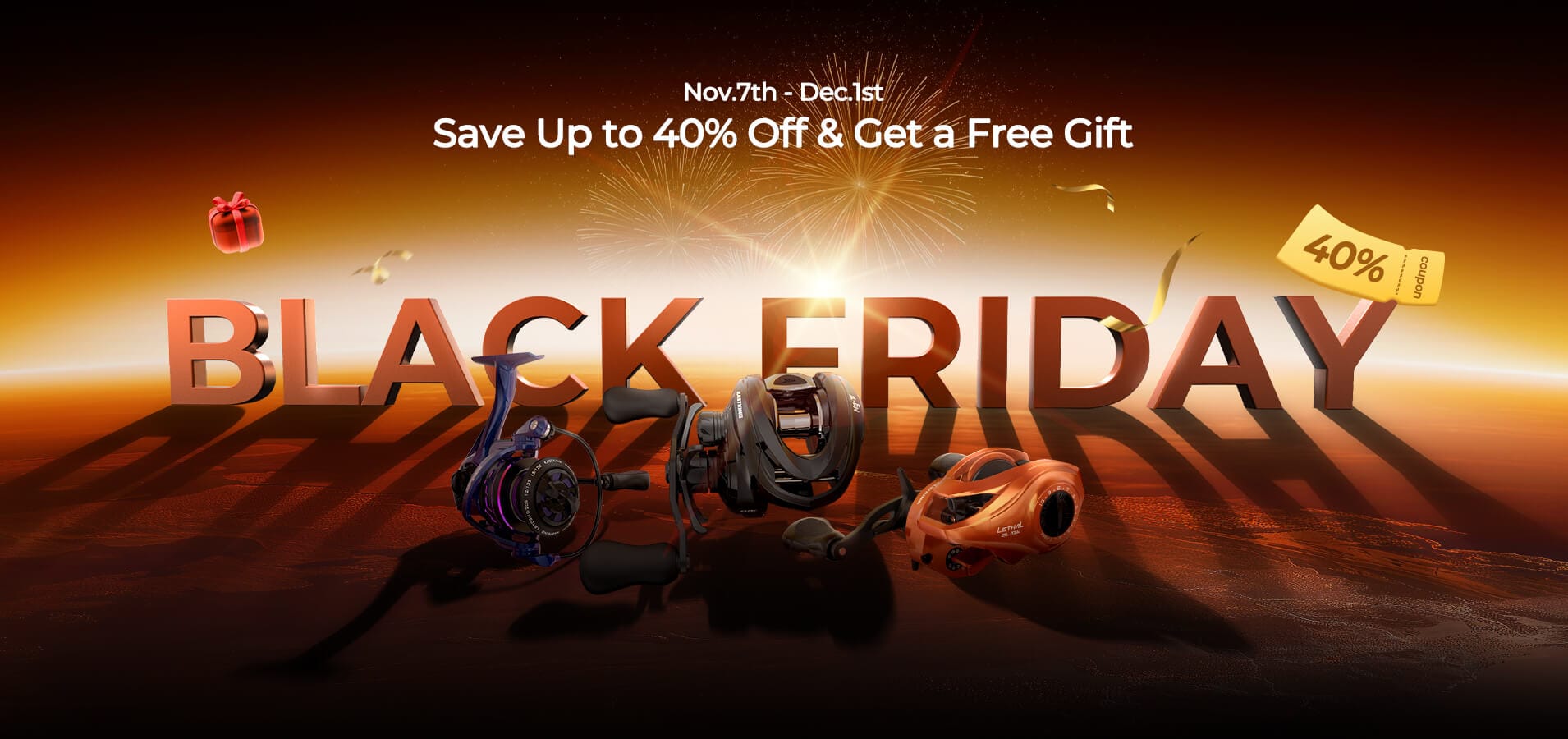 Black Friday sale advertisement with discounts and free gift offer on a dark background.