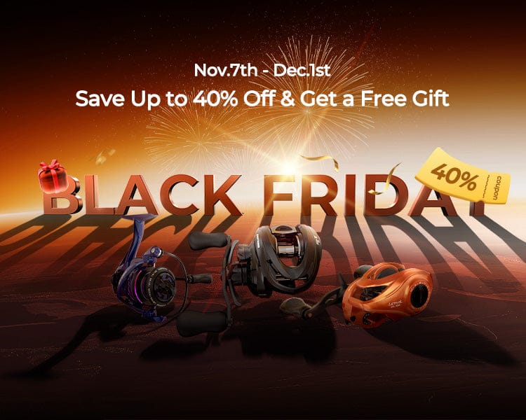 Black Friday advertisement with fishing reels and a car model, featuring fireworks and promotional text.