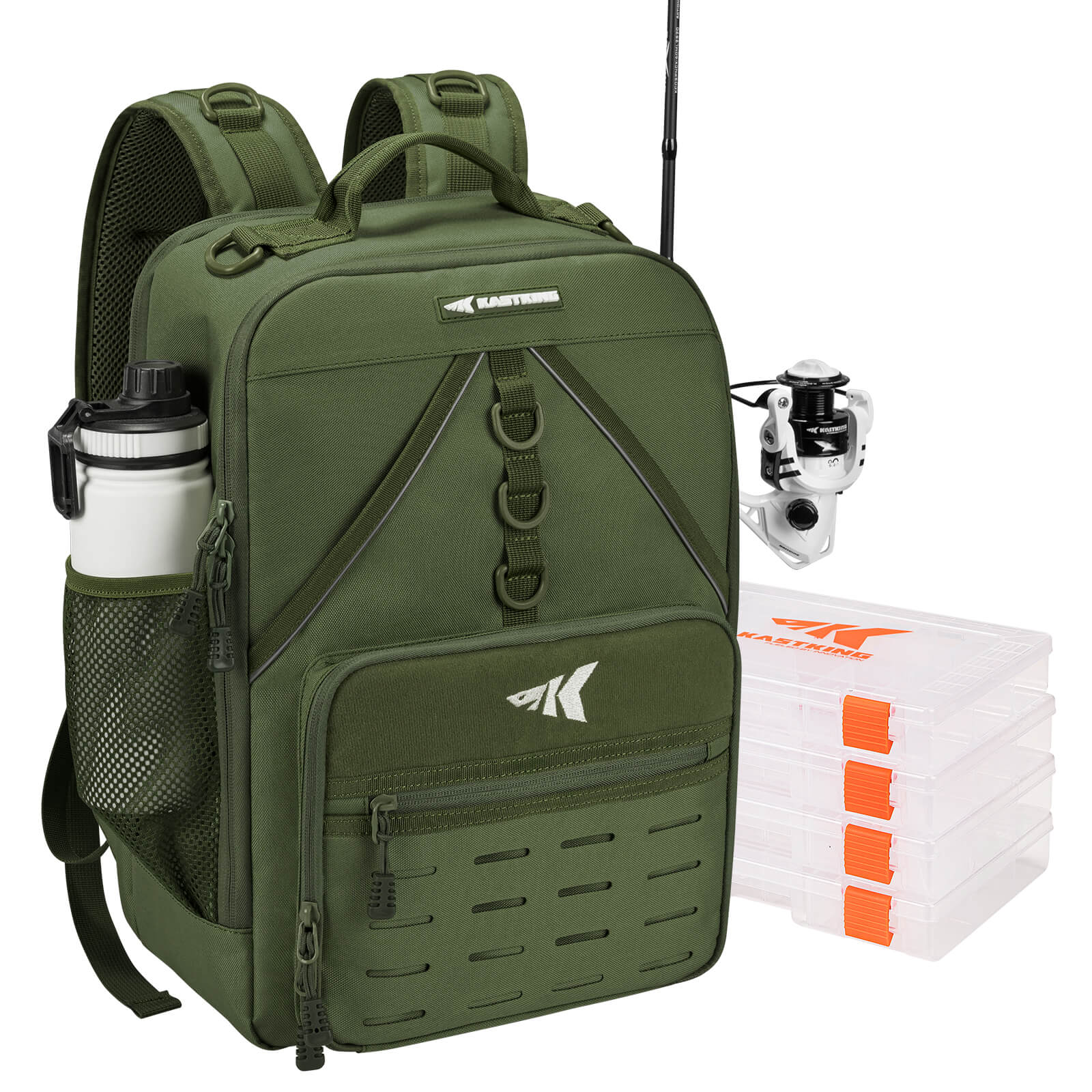 cary backpack for fishing poles KastKing KarryAll Medium Fishing Tackle Daily Backpack Army Green / Bag With 4pcs Tackle Box