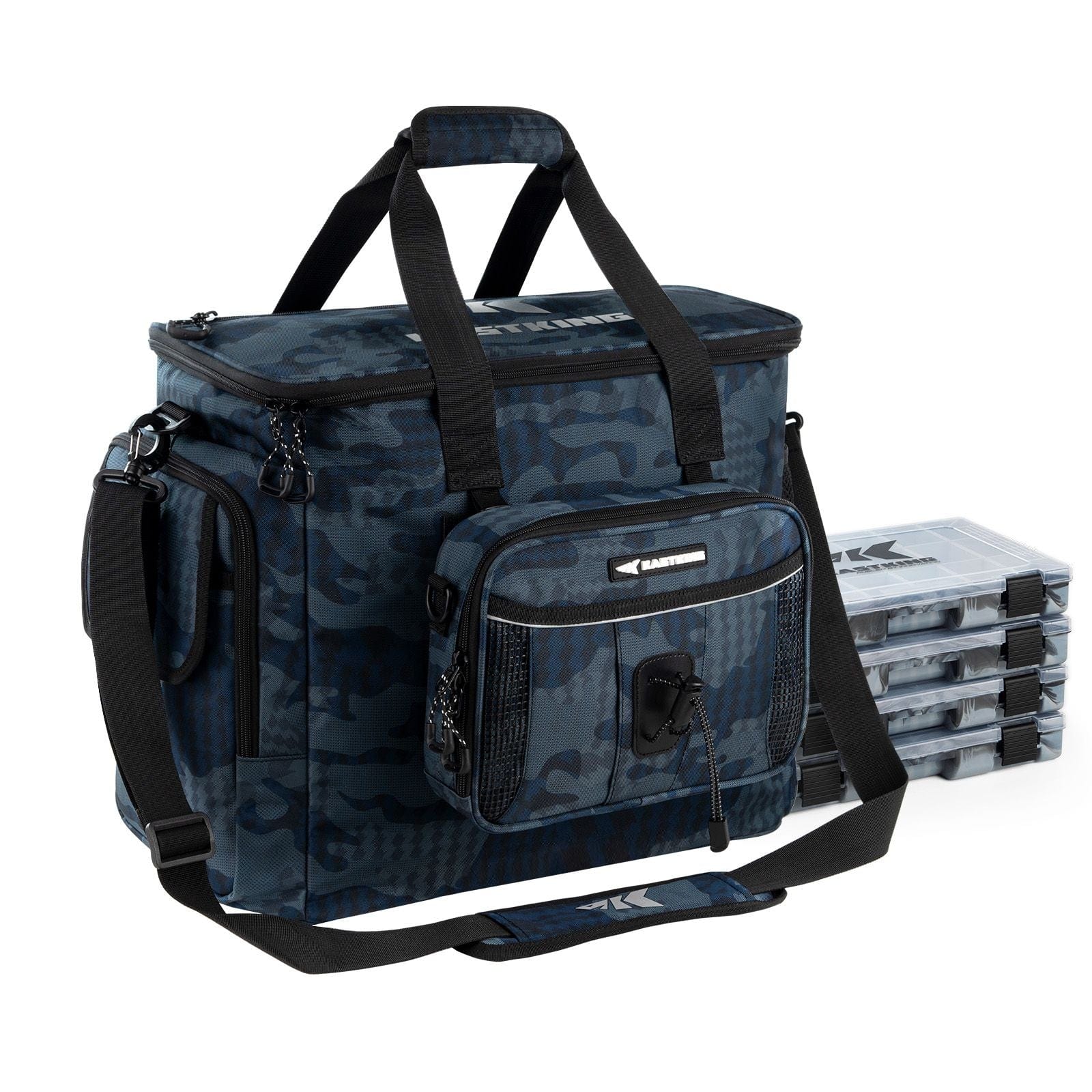 KastKing BaitSpace Fishing Tackle Bag with 4 Tackle Boxes Blue Camo / Large(18.9 KastKing BaitSpace Fishing Tackle Bag with 4 Tackle Boxes Blue Camo / Large(18.9