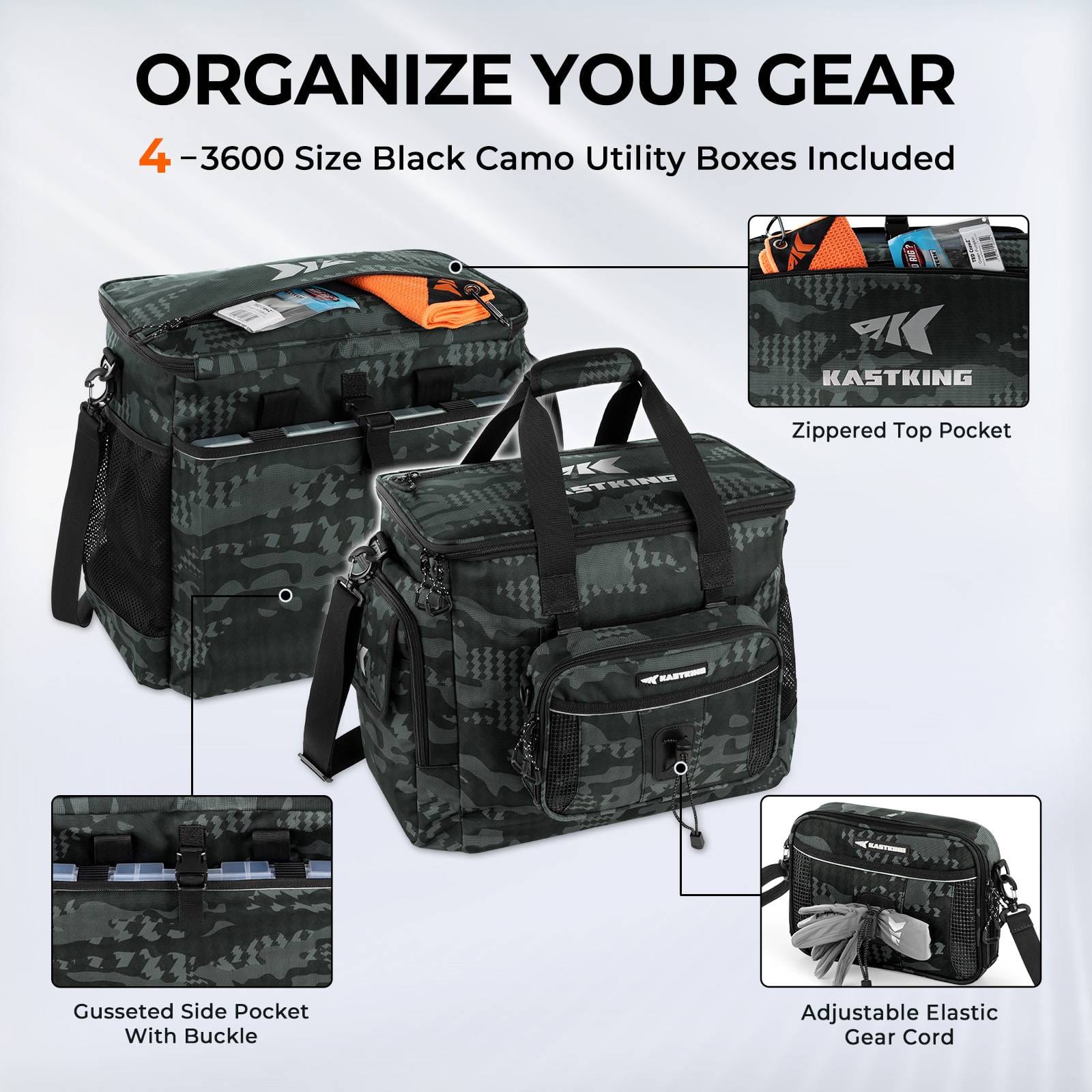 KastKing BaitSpace Fishing Tackle Bag with 4 Tackle Boxes Black Camo / Large(18.9"x13"x14.2") KastKing BaitSpace Fishing Tackle Bag with 4 Tackle Boxes Black Camo / Large(18.9"x13"x14.2")