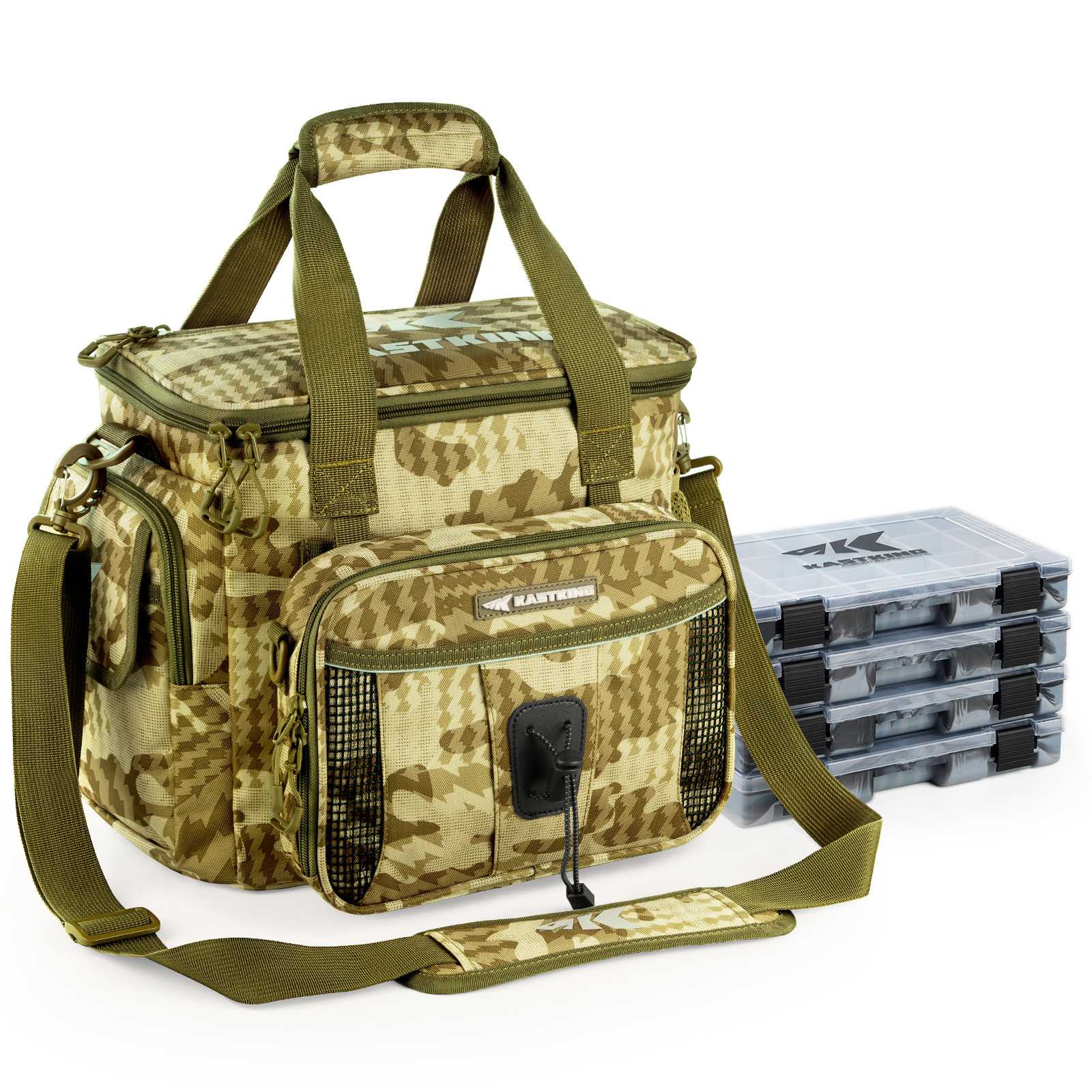 camo fishing tackle bags KastKing BaitSpace Fishing Tackle Bag with 4 Tackle Boxes Blue Camo / Large(18.9"x13"x14.2")