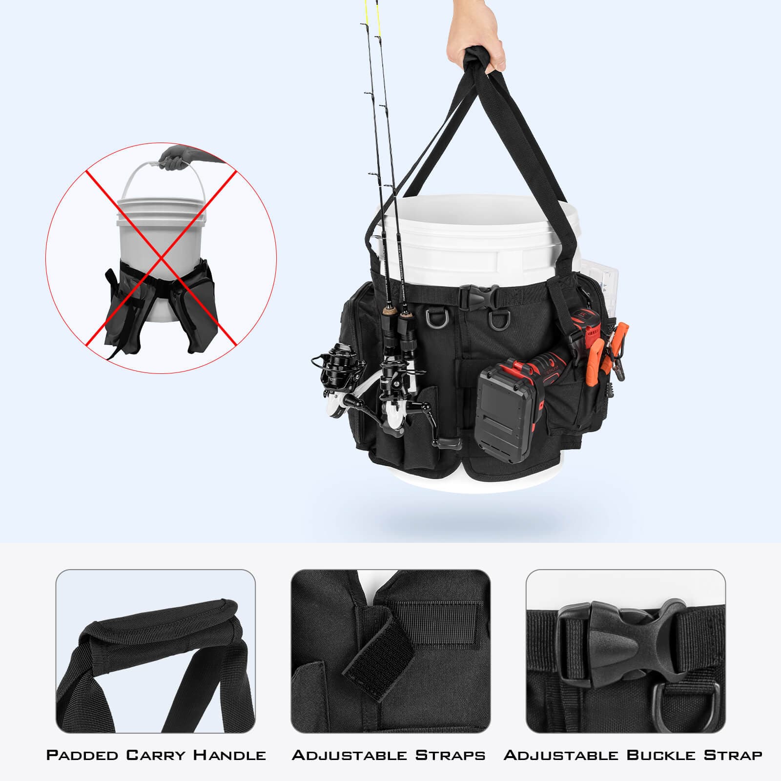 KastKing Karryall Fishing Bucket Organizer for 5 Gallon Bucket, Ice Fishing  Tackle Bag with Adjustable Buckle, Rod & Plier Holder and Multi-Pockets
