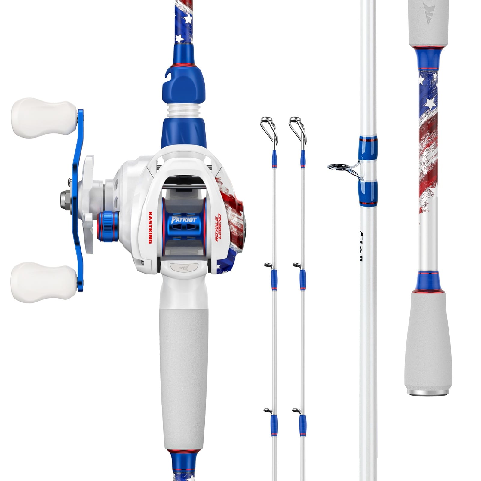 baitcaster reel and rod red KastKing Royale Legend Patriot Twin-Tip Baitcaster Rod and Reel Combo