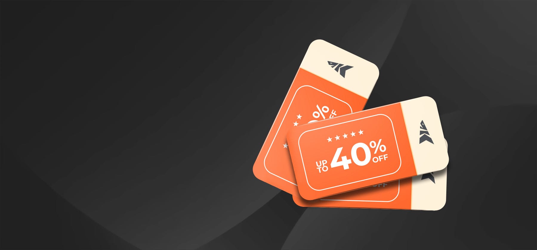 Three orange discount cards with white text on a dark background