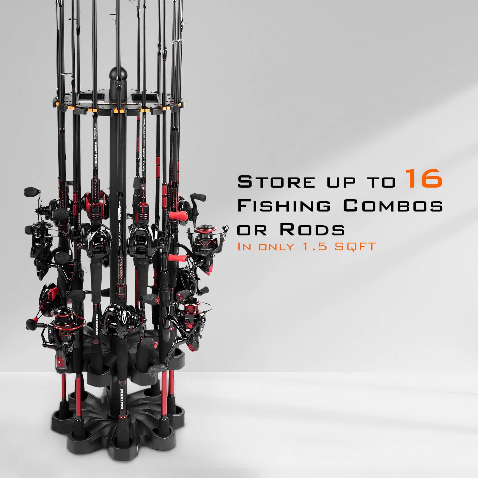 16 Piece Fishing Pole Rack/Stand. 7 fFshing Rods and Reels. 1 Fishing Rod,  No Reel. See Photos