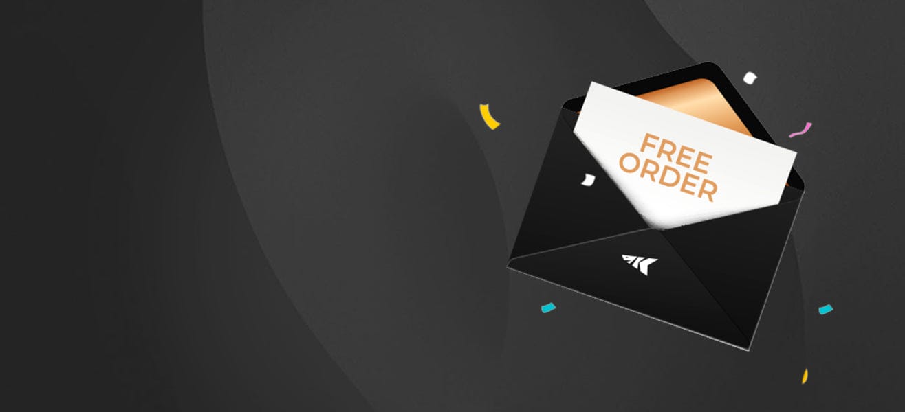 Black envelope with a free order card on a dark background