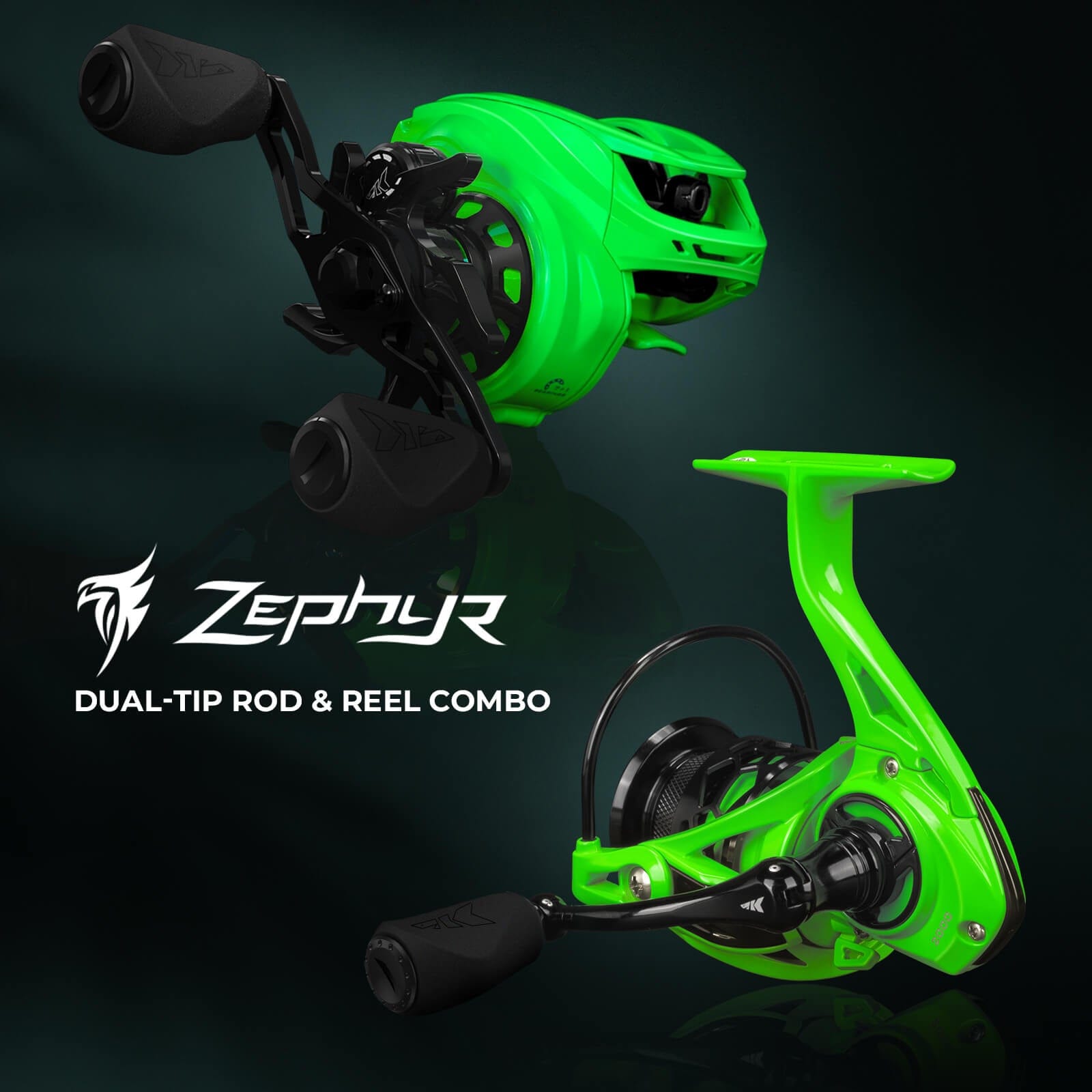 green shimano reel KastKing Zephyr Dual-tip Spinning Fishing Rod and Reel Combo Green