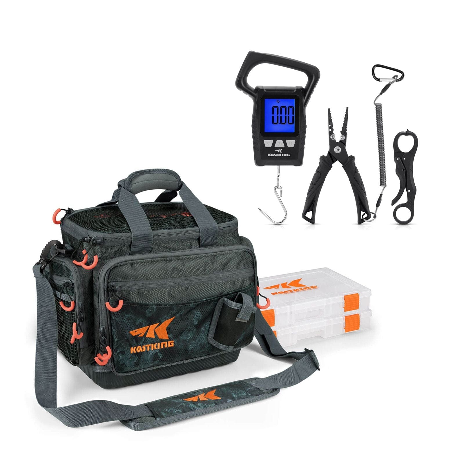 KastKing Fishing Tackle Bags with 2 Tackle Boxes and WideView Digital Scale and Pliers Combo