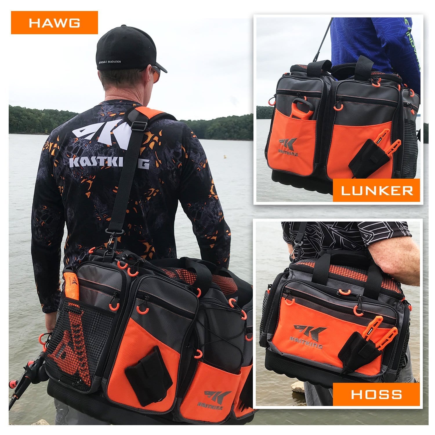 KastKing Fishing Tackle Bags, Fishing Gear Bag, Saltwater Resistant Tackle Bag, Large-Lunker (Without Trays, 19.7x13x10.6 Inches), Orange