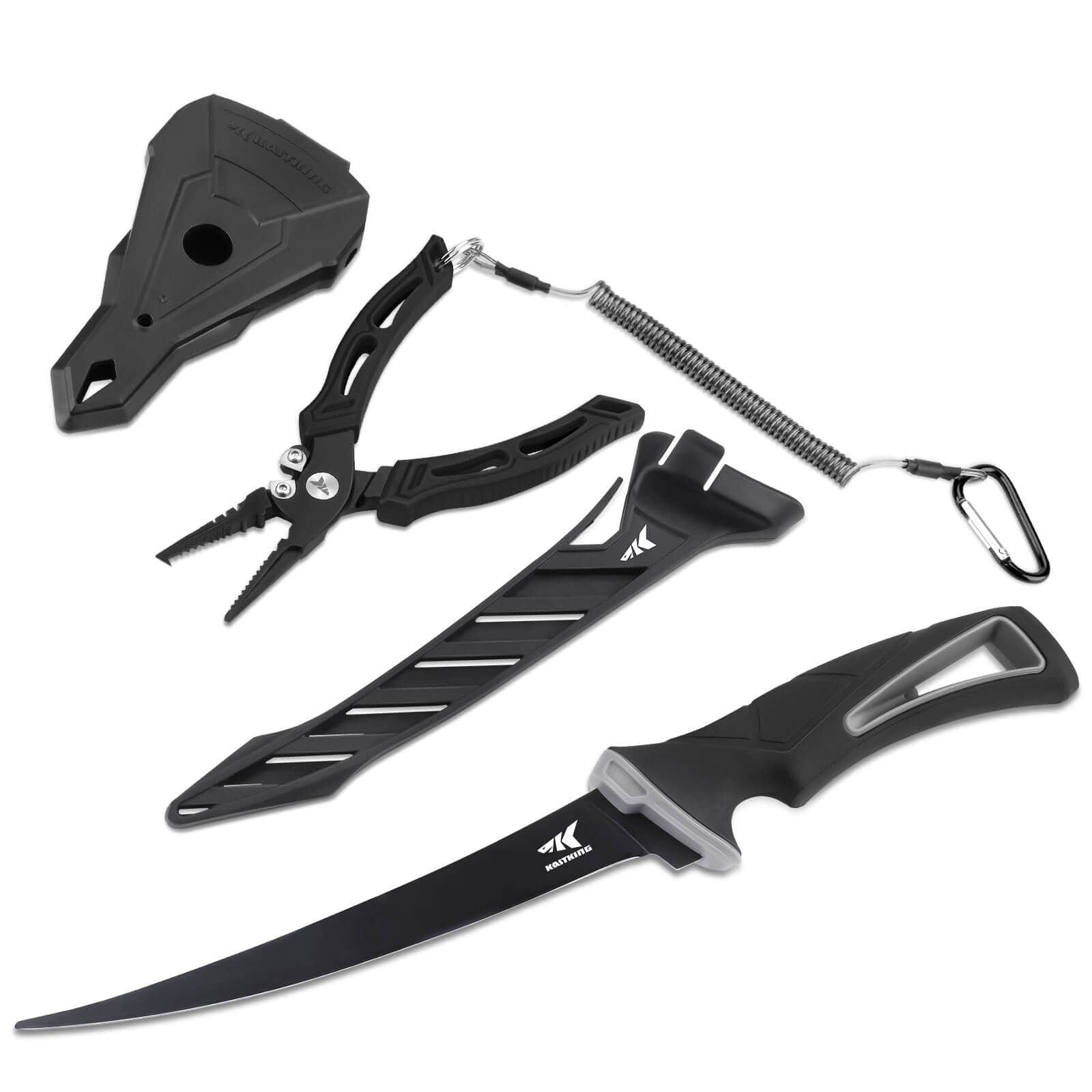 KastKing Fishing Pliers Combo with Fillet Knife - Split Ring Nose / Black /  6 Plier ＆ 7 Knife